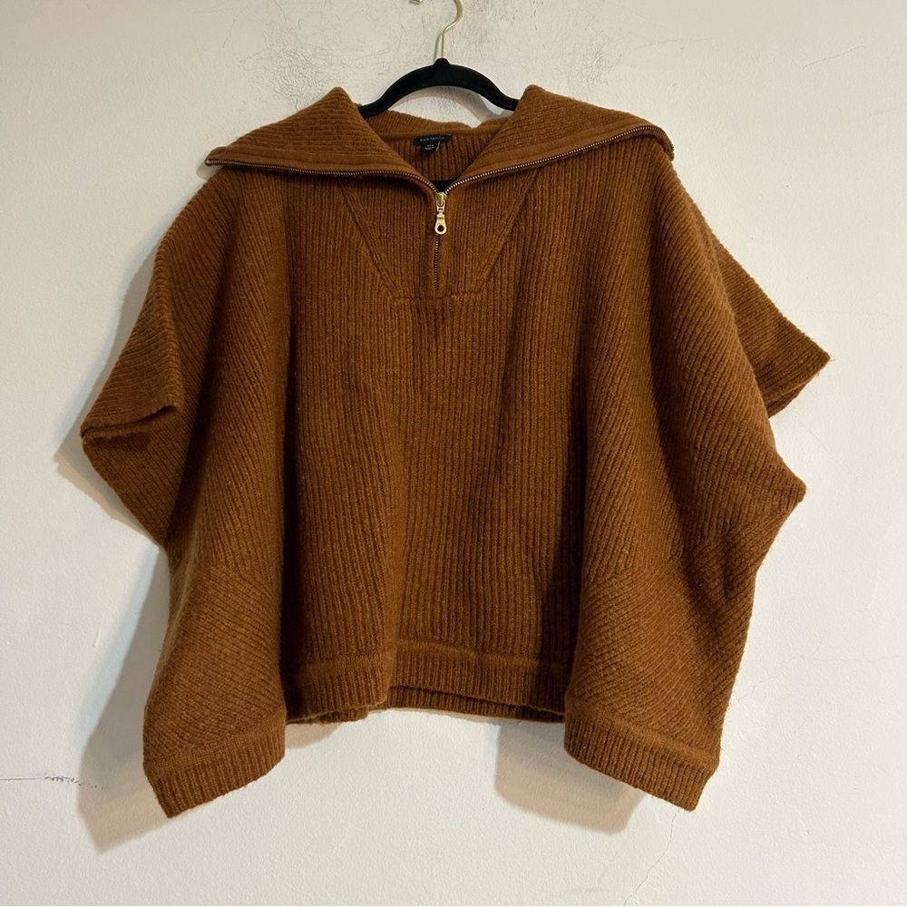 Ann Taylor Ribbed Zip Oversized Poncho Sweater Size XS/Small Caramel Cozy